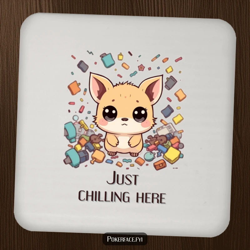 Funny Zen Creature Coaster: Tiny creature with a neutral face amidst chaos, designed to protect surfaces with funny calm.