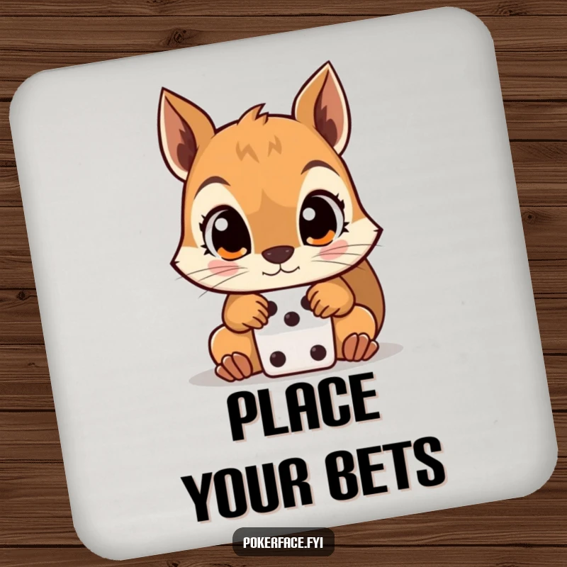 Funny Squirrel Coaster depicting a wide-eyed squirrel intently watching a dice, a humorous surface protector.