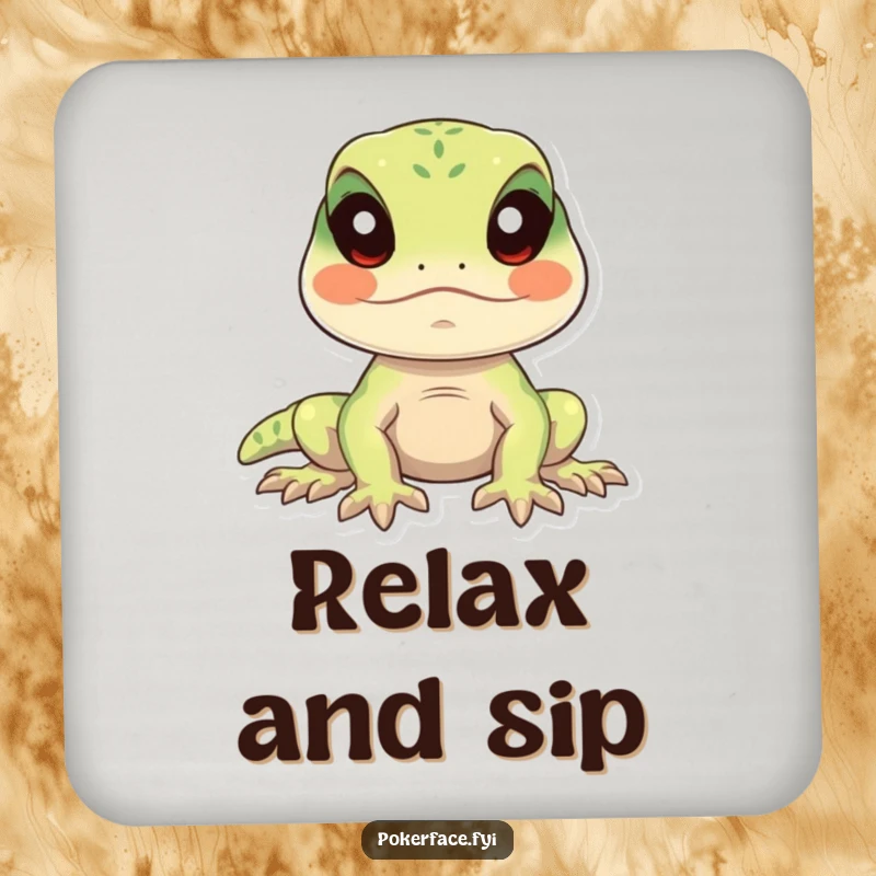 Funny lizard coasters featuring a calm lizard character perfectly still with eyes forward, adding humorous and peaceful protection.