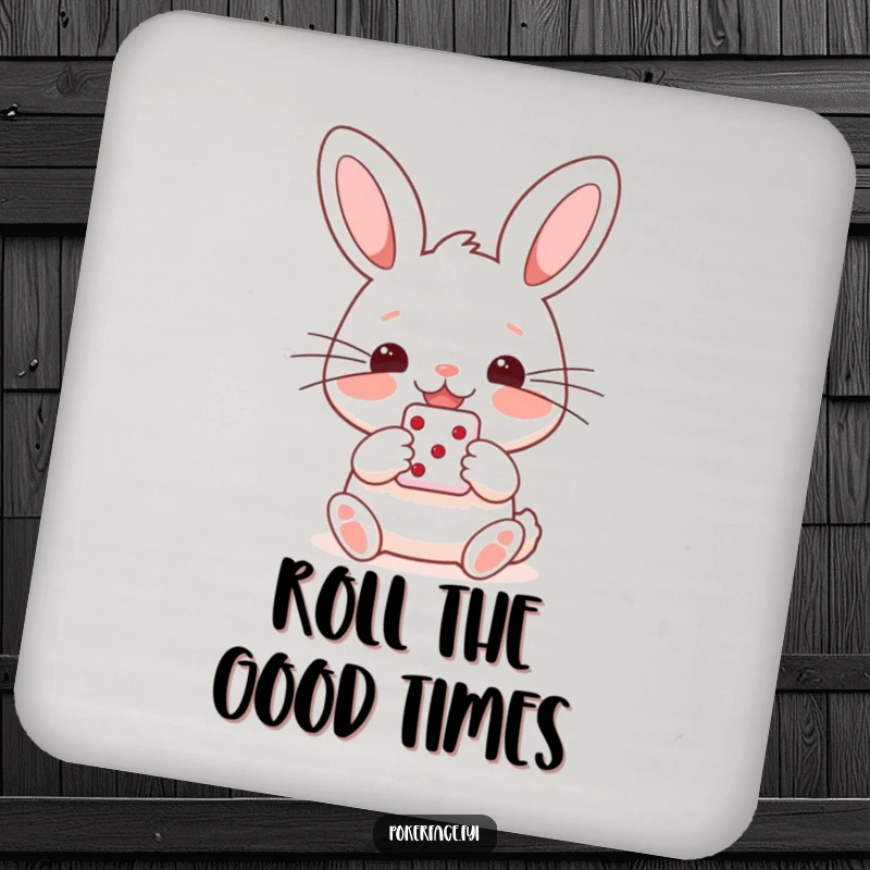 Funny drink coaster featuring a happy rabbit character with straight whiskers, holding a single die, protecting tables with luck.