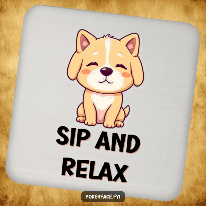 Funny Drink Coasters with a calm dog character, neutral posture, adding peaceful and humorous protection.