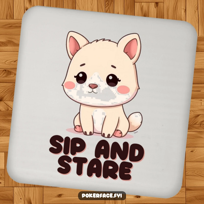 Funny calm animal coaster displaying a pet’s blank, unblinking stare, protecting tables with a humorous zen.