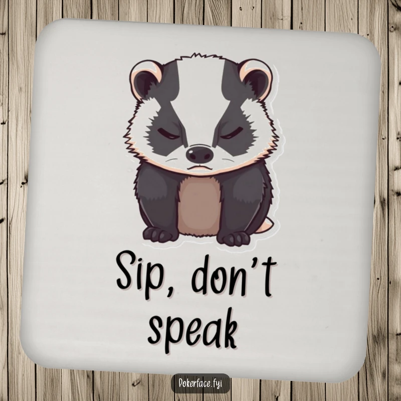 Funny grumpy badger with neutral expression, closed eyes on a drink coaster.