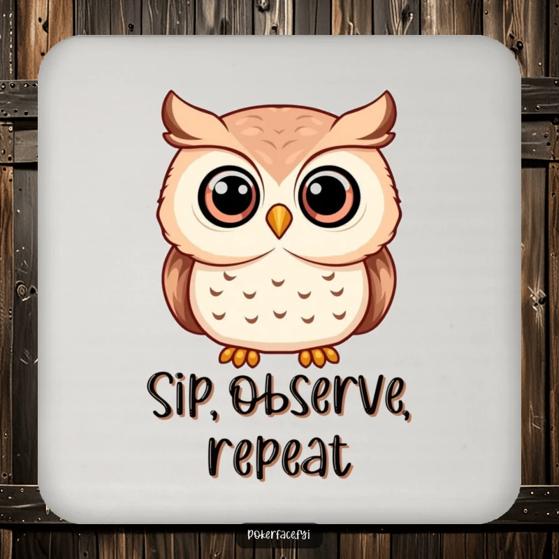 Funny serene owl coasters featuring an owl with wide, unwavering eyes, protecting surfaces with wisdom.