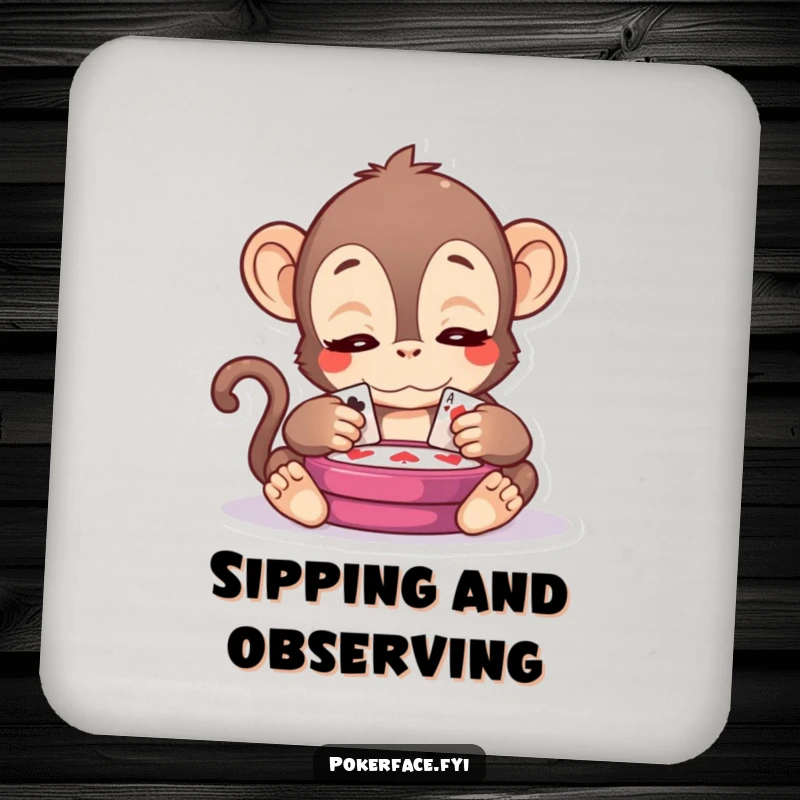 Funny Kawaii Monkey Drink Coaster: A kawaii monkey with serene eyes observing a card game, adding a humorous and protective element to tabletops.