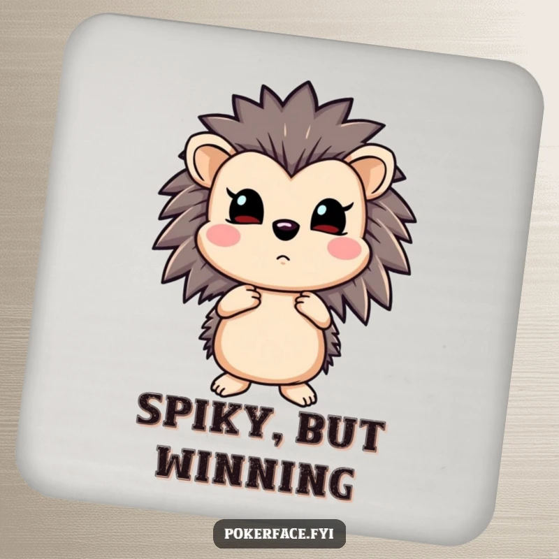 Funny hedgehog drink coaster showing a poker ace hedgehog with a straight flush and an emotionless expression, guarding your drinks.