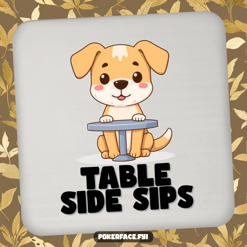 Funny dog character with a blank face sitting at a table on a protective drink coaster.