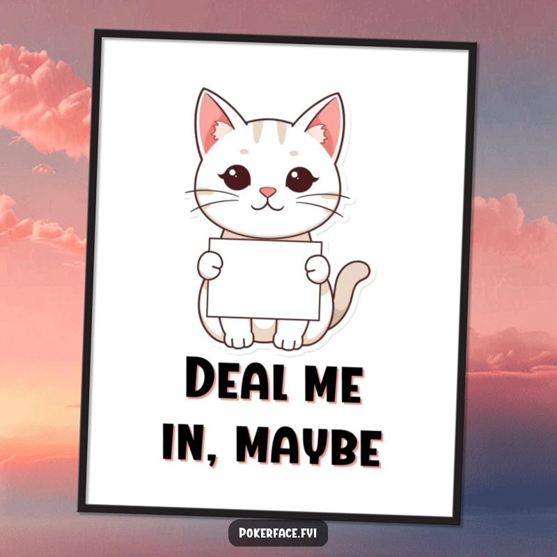 Funny Kawaii Cat Poster: A kawaii cat with a completely neutral expression offering a card, adding a touch of minimalist humor to wall decor.