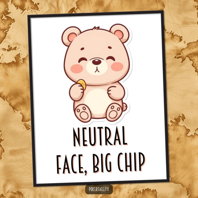 Funny poster artwork of a delighted bear with a neutral expression holding a tiny chip, conveying quiet contentment.