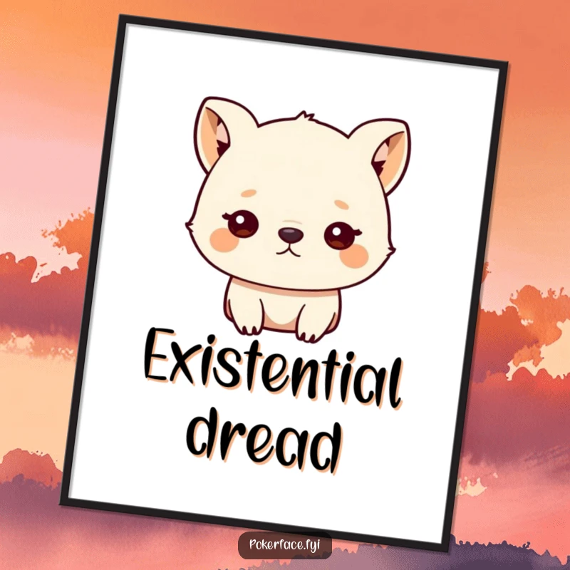 Funny poster of a small animal character staring blankly ahead with unblinking eyes, bringing humorous deadpan energy to any wall.