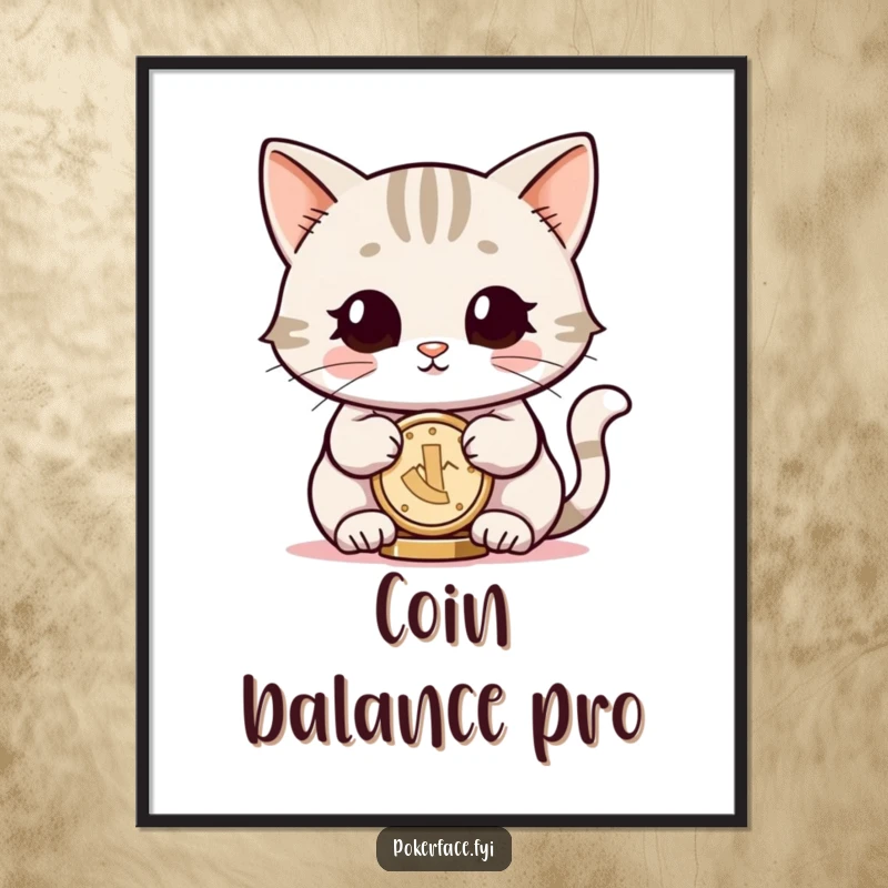Funny poster of a smiling cat with neutral eyes, calmly balancing a coin, creating minimalist and humorous wall art.