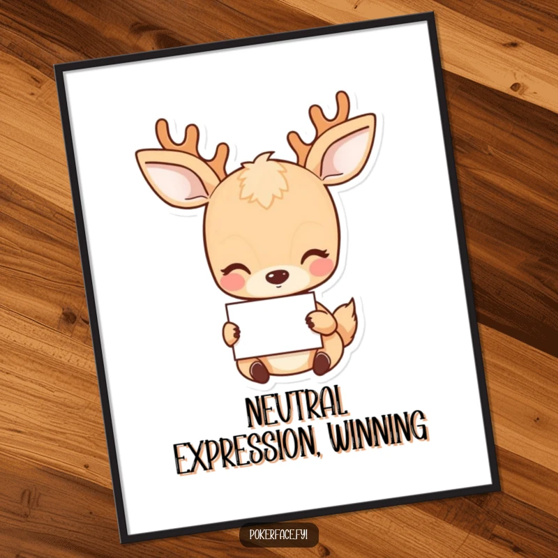 Funny Deer Poster: Placid deer holding a card with a neutral gaze, adding calm humor to walls.