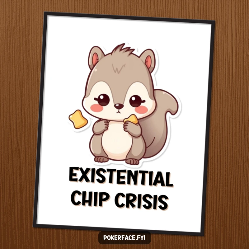 Funny Poster: A Kawaii squirrel with an empty gaze, guarding a single chip, a comical piece of art for snack enthusiasts.