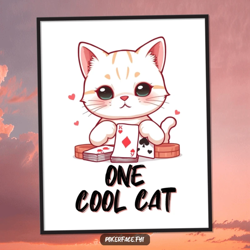 Funny cat with a perfectly neutral expression focused on playing cards, presented as a stylish poster for wall art.