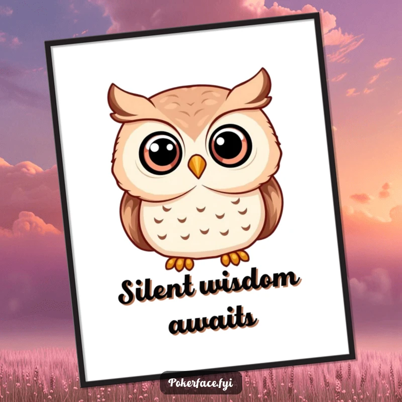Funny serene owl poster featuring an owl with wide, unwavering eyes, adding a calm, wise touch.