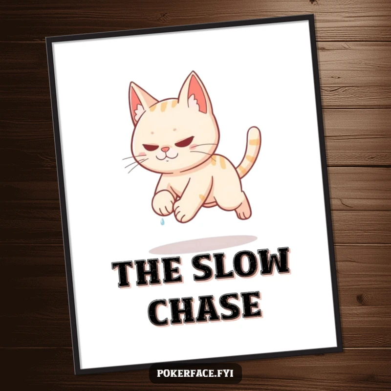 Funny stealthy cat tiptoeing slowly with sweat on brow on a poster.