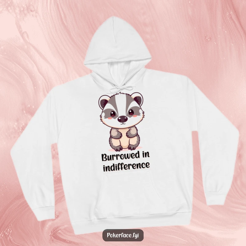 Funny neutral badger hoodie with a badger character displaying a blank, neutral expression, perfect for comfort.