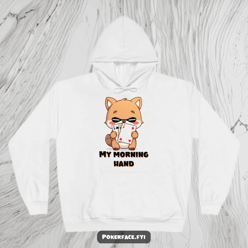 Funny Animal Hoodie showing a character holding a mysterious playing card, offering comfort and enigmatic humor.
