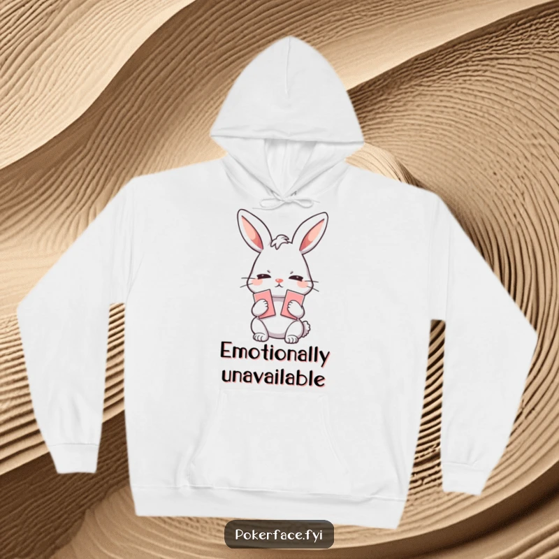Funny Hoodie: Emotionless rabbit character holding playing cards, providing warmth and a humorous display of a blank, inscrutable poker face.