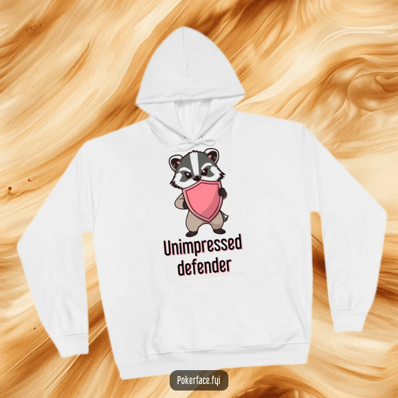 Funny Badger Shield Hoodie showing a determined badger holding a shield with no expression, perfect for humorous warmth.