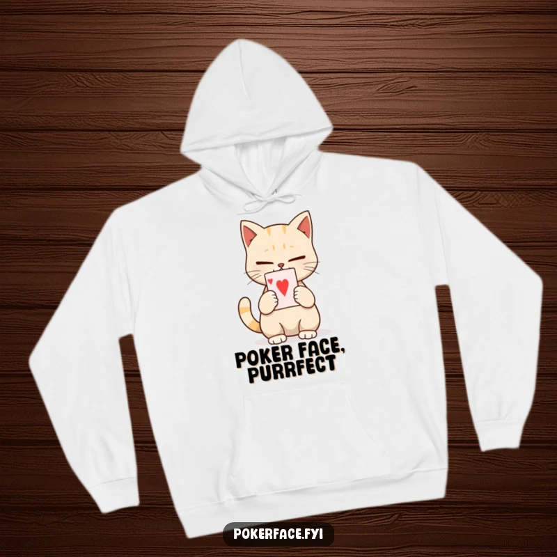 Funny hoodie depicting a calm cat character holding a single playing card with a perfectly neutral expression, perfect for cozy, contemplative moments.