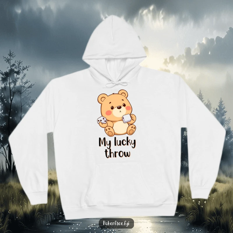 Funny, cozy hoodie featuring a bear with no discernible emotion, holding dice, perfect for game nights.