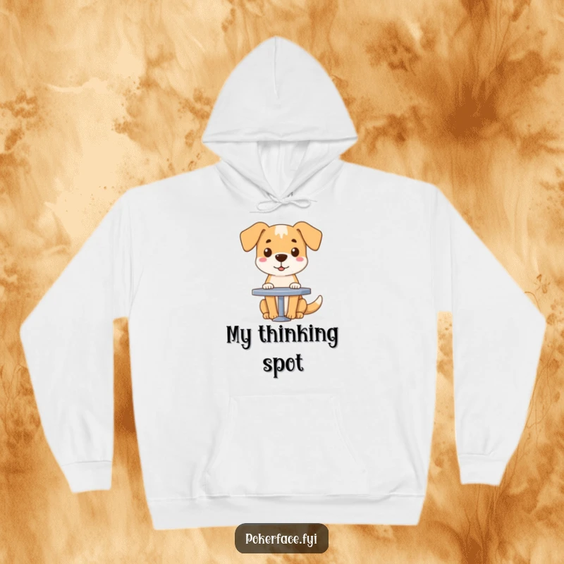 Funny, cozy hoodie featuring a dog with a blank face sitting at a table, perfect for relaxation.