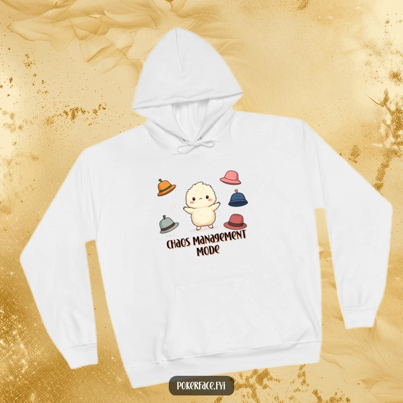 Funny Juggling Creature Hoodie: Soft fluffy character comically juggling hats, perfect for cozy and funny everyday moments.
