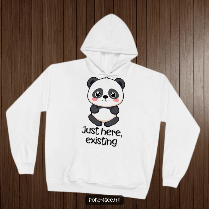 Funny Panda Hoodie featuring a panda with a perfectly neutral expression, offering cozy calm and humorous detachment, a great funny gift.