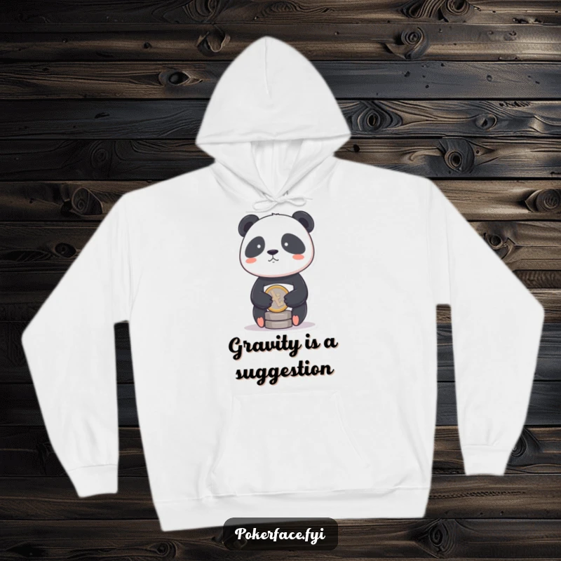 Funny Panda Coin Hoodie showing a panda with a stoic face balancing a single coin, perfect for humorous coziness.