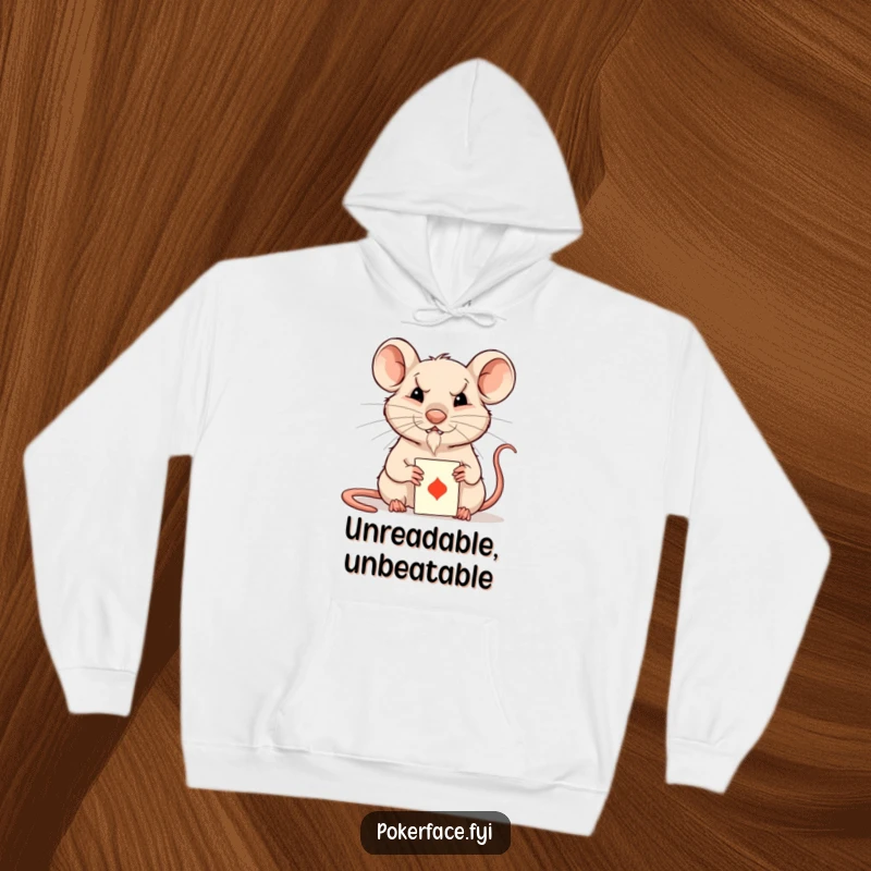 Funny Rat Hoodie: Composed rat character with an unreadable expression playing a card, perfect for warm mystery.