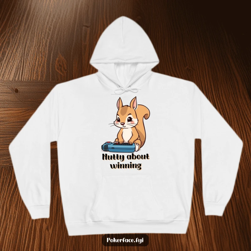 Funny squirrel hoodie featuring a poker player squirrel with intense, rigid focus on the game, ignoring distractions.