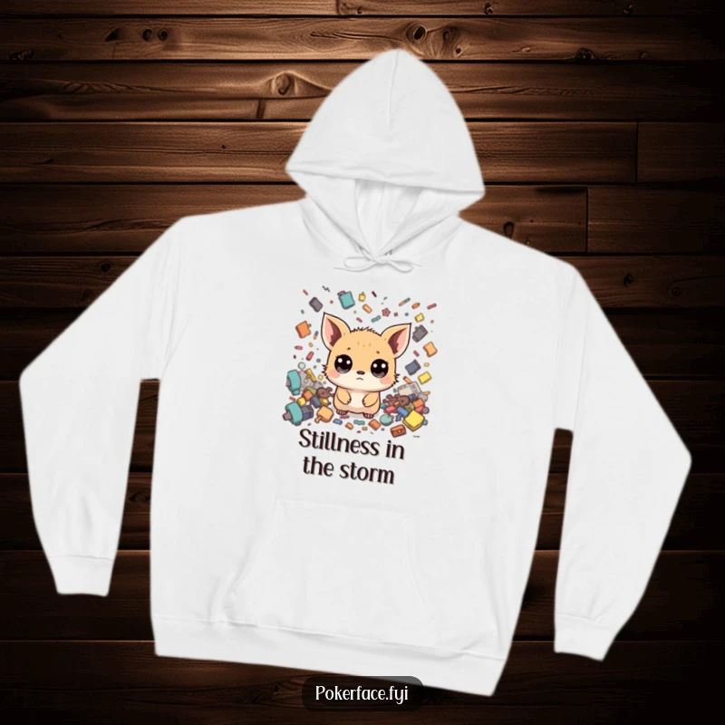 Funny Zen Creature Hoodie: Wide-eyed creature with a neutral face, staying calm amidst chaos, perfect for cozy, funny moments.