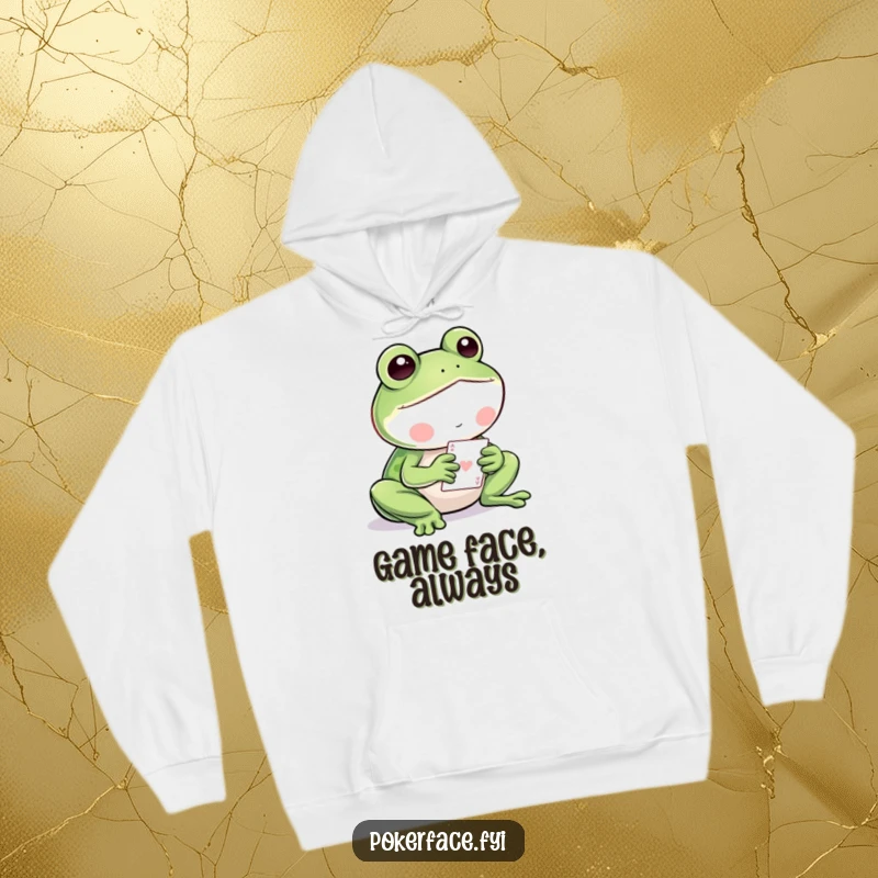 Funny Frog Hoodie: A still, calm frog engrossed in a card game, offering cozy humor.