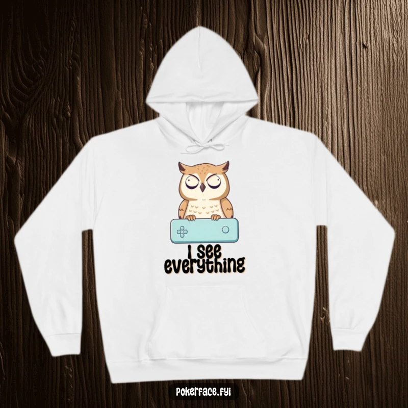Funny Hoodie: An impassive owl character engrossed in watching a game, an awesome funny gift for gamers.