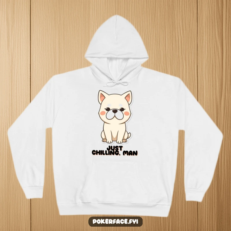 Funny dog hoodie featuring a stoic dog character with a blank, unmoving face, embodying quiet humor and comfort.