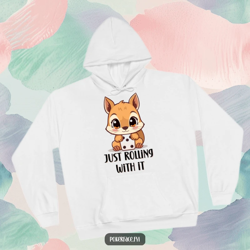 Funny Squirrel Hoodie depicting a creature with wide, unblinking eyes fixated on a solitary dice, a humorous take on chance.