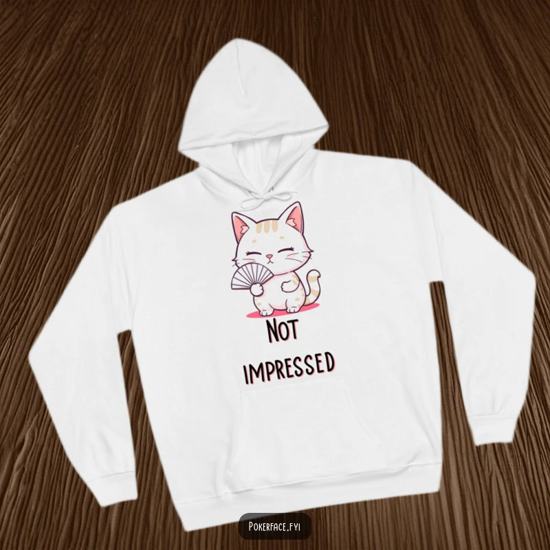 Funny hoodie featuring an emotionless cat holding a fan, designed for ultimate comfort and hilarious, relatable apathy.