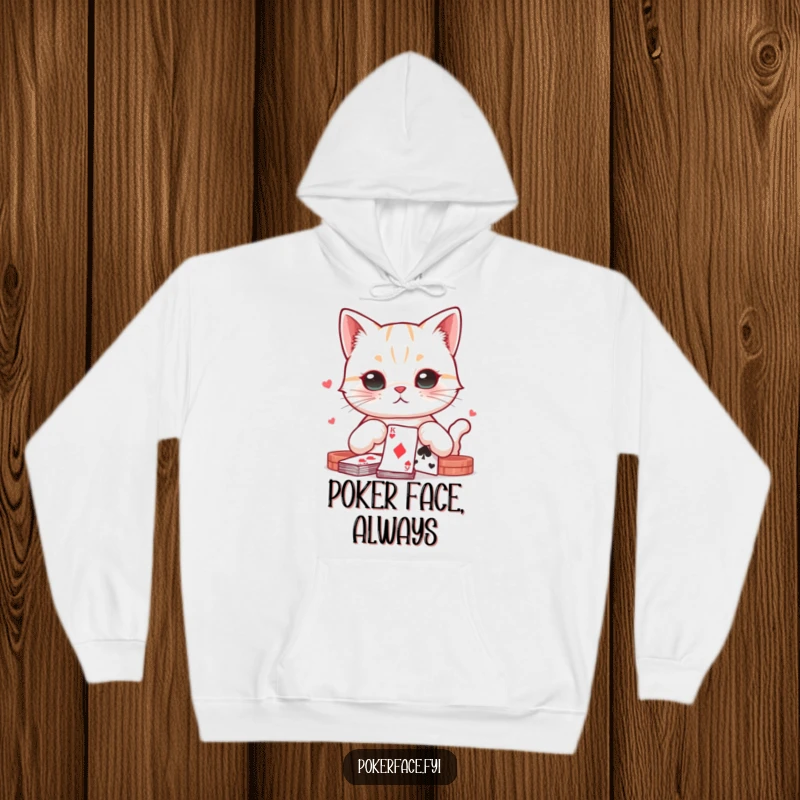 Funny, cozy hoodie featuring a cat with a neutral expression playing a game of cards, perfect for chilly evenings.