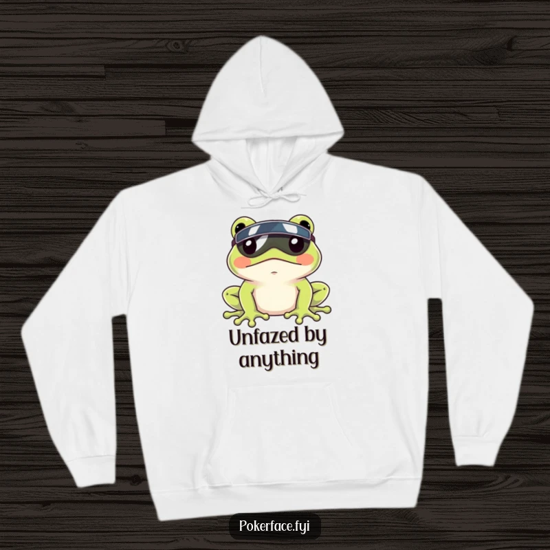 Funny Frog Visor Hoodie depicting a frog with a tiny visor and a blank expression, symbolizing humorous relaxation.