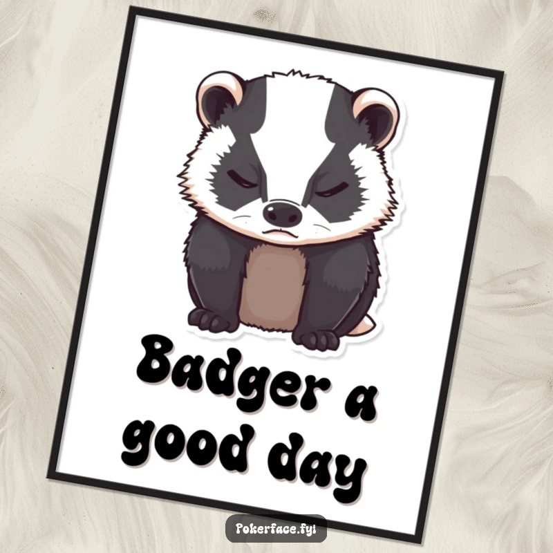 Funny Free Printable Wall Art: Grumpy badger with closed eyes, a perfectly neutral and unreadable expression