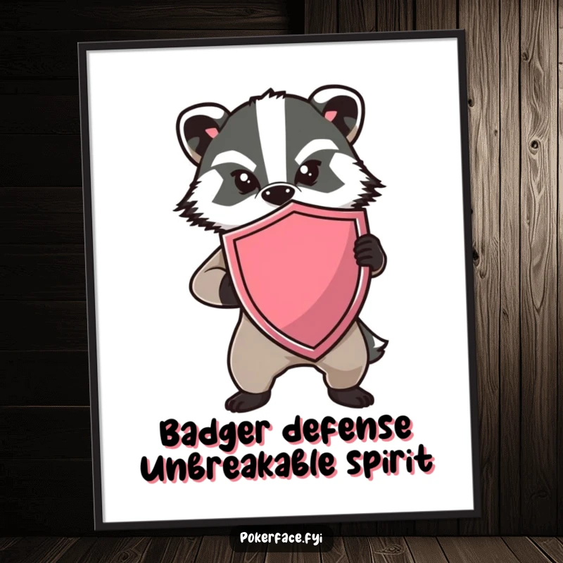 Funny Free Printable Wall Art featuring a determined badger character holding a shield, with a completely blank expression, standing strong.