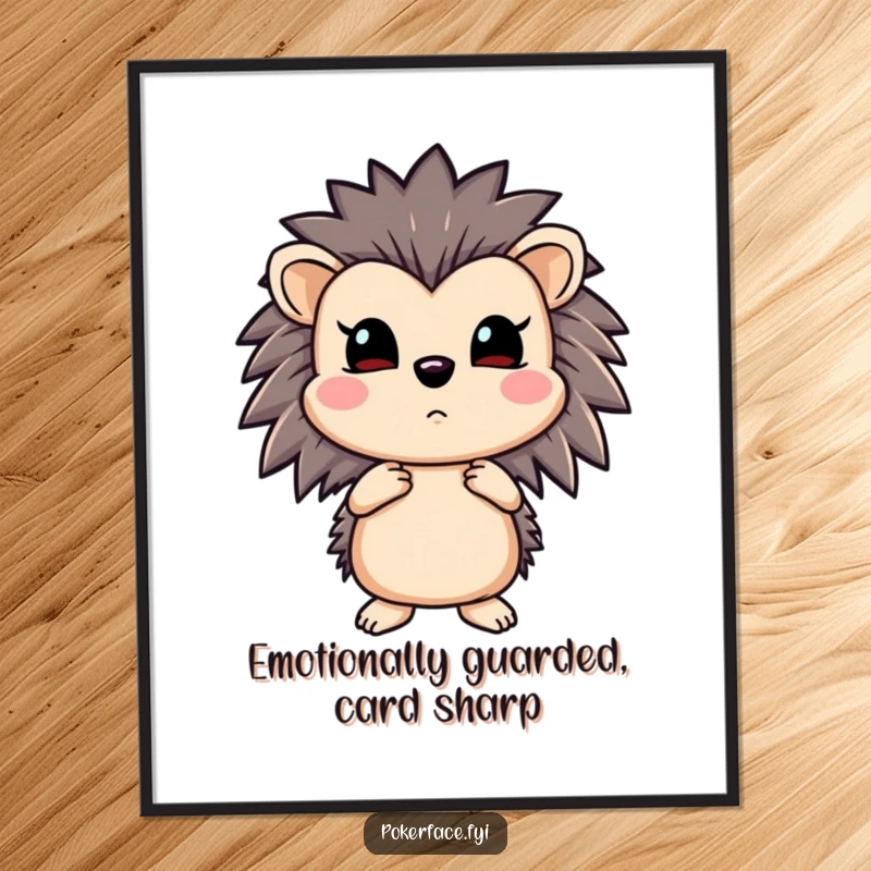 Funny Free Printable Wall Art: Emotionless hedgehog with a straight flush, exuding dry humor, perfect for minimalist spaces
