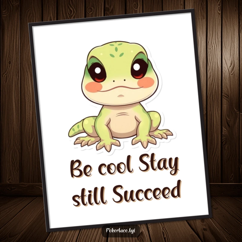 Funny free printable wall art of a calm lizard remaining perfectly still with eyes forward, radiating zen and subtle humor.