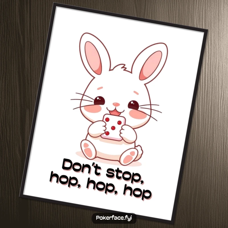 Funny Free Printable Wall Art: A happy Rabbit character with straight whiskers, holding a single die.