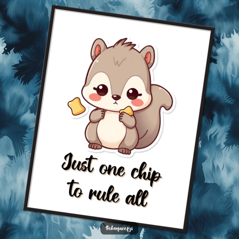 Funny Free Printable Wall Art: Kawaii squirrel staring blankly while holding a single potato chip, pure amusement.