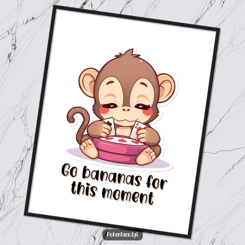 Funny Free Printable Wall Art: Serene Kawaii monkey observing a card game, bringing calm and contemplative humor.