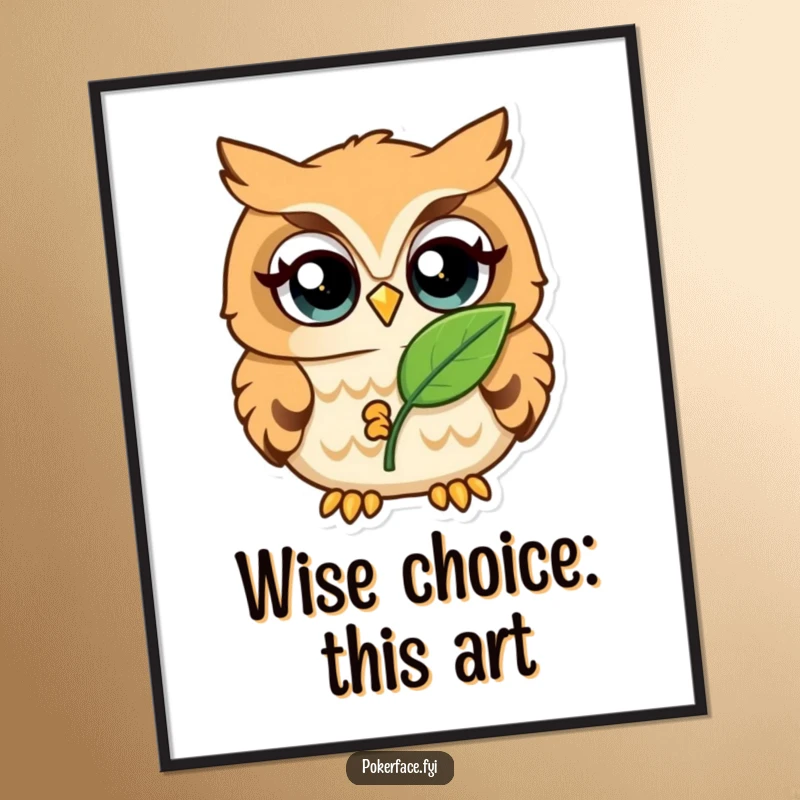 Funny Free Printable Owl Wall Art: A playful owl with wide eyes and a single leaf brings whimsical, wise energy to decor.