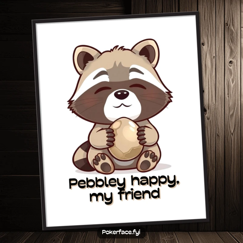 Funny Free Printable Raccoon Wall Art: A contented raccoon proudly holds a shiny pebble, bringing quirky charm to any room.