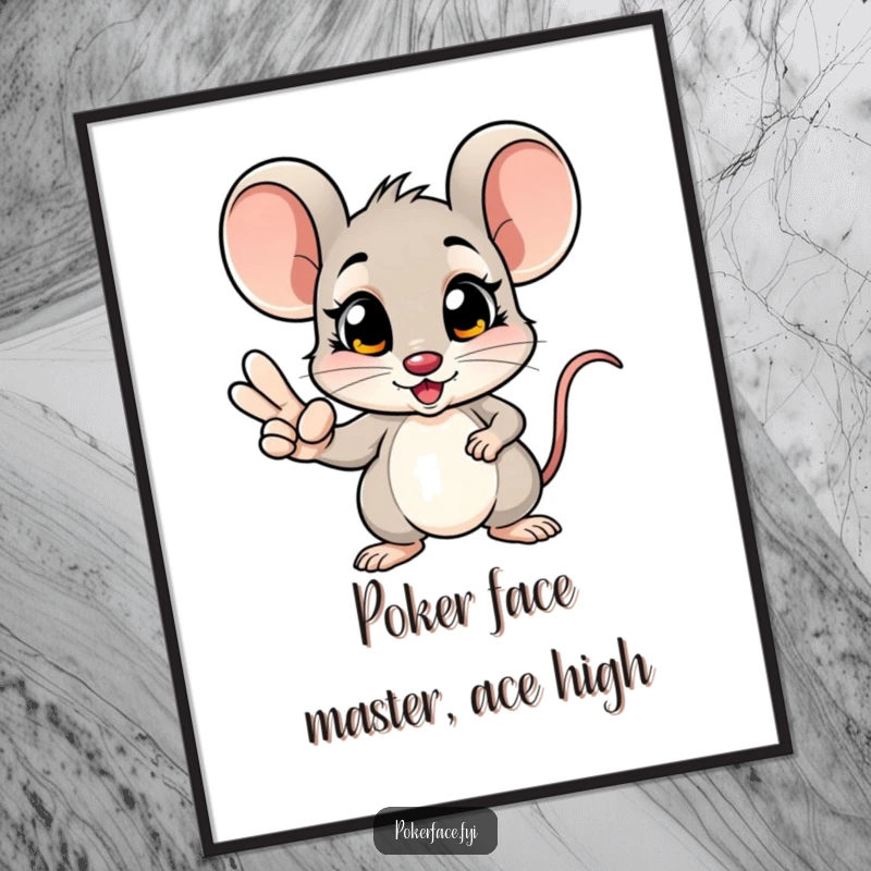 Funny Free Printable Wall Art: Goofy mouse with wide, unblinking eyes holding a winning poker hand, perfect for any room